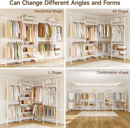H4 Wall Mounted Closet System, Expandable Industrial Pipe Clothes Rack Clothing Rack for Hanging Clothes, Heavy Duty Closet Organizers and Storage in Wardrobe Closet - White