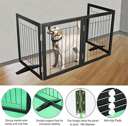 ZJSF Freestanding Dog Gate Indoor, Foldable Dog Fence for Doorways,Hallways or Stairs, Sturdy Wood Extra Wide Pet Gate with Support Feet,Black,32 "Height-4 Panels