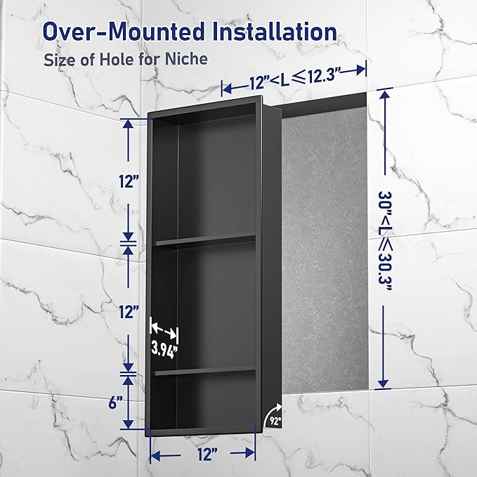 Stainless Steel Shower Niche 30" X 12" Matte Black No Tile Needed Wall Vertical Niche Three-Tier Shelves Recessed Shower Shelf for Bathroom Storage Over Mount Installation