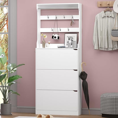 Shoe Cabinet with 3 Flip Drawers & Coat Rack, Narrow Hidden Shoe Storage Cabinet, 2-in-1 Hall Tree Slim Freestanding Shoe Rack Organizer for Entryway, Hallway, and Living Room