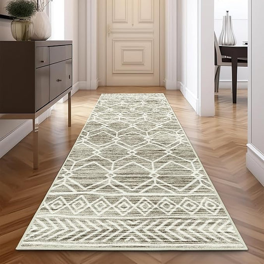 jinchan Moroccan Runner Rug 3x8 - Kitchen Machine Washable Runner Rug Modern Geometric Low-Pile Lightweight Non-Slip Carpet for Entryway Hallway Laundry Room Bedroom Bedside (3x8ft, Taupe)