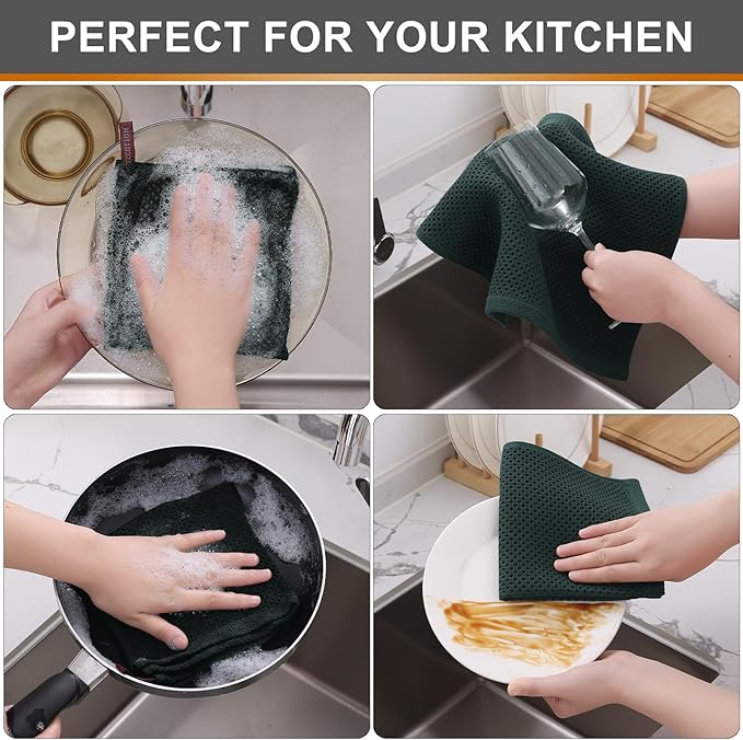Kitinjoy 100% Cotton Kitchen Dish Cloths, 6 Pack Waffle Weave Ultra Soft Absorbent Dish Towels for Drying Dishes Quick Drying Kitchen Towels Dish Rags, 12 X 12 Inches, Blackish Green