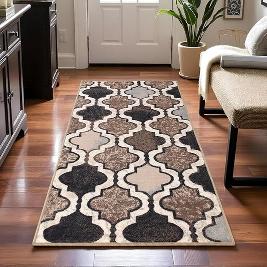 SUPERIOR Indoor Runner Area Rug for Kitchen, Bedroom, Living Room, Entryway, Hallway with Non-Slip Backing, Washable, Perfect for Hardwood Floors- Viking Modern Trellis Design, 2.7 ft. x 6 ft., Ivory