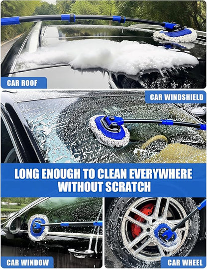 15°Curved Car Wash Brush with Long Handle Kit, 55-Inch 4-Section Extendable Pole with Replacement Head, Chenille Mitt, Tire & Wheel Hub Brushes, Towel, Storage Bag for Car, RV, Truck [Scratch Free]