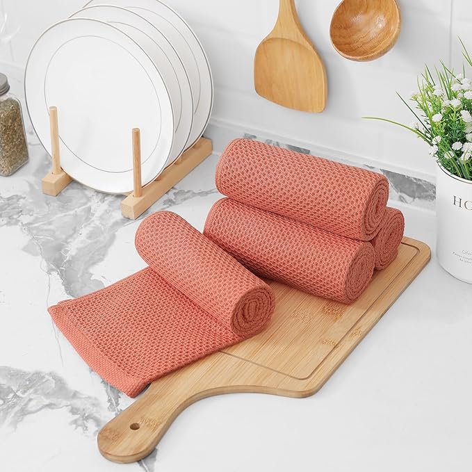 Kitinjoy 100% Cotton Waffle Weave Kitchen Towels, 8-Pack Super Soft and Absorbent Dish Towels for Drying Dishes, Kitchen Hand Towels, 13 in x 28 in, Coral