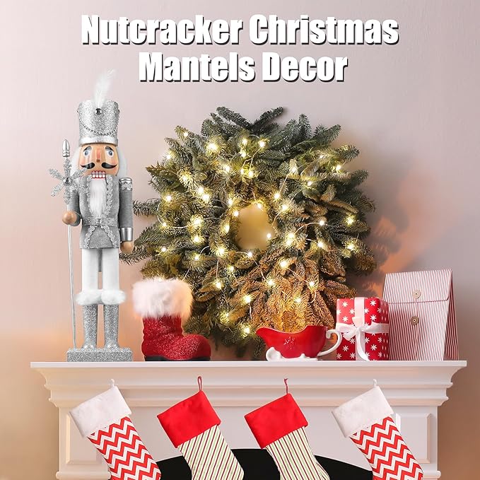 Wooden Christmas Soldier Nutcracker Decorations, 15 Inch Nutcracker Figure Christmas Decor for Shelves and Tables (Silver)