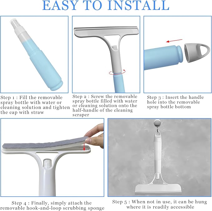 3 in 1 Window Cleaning Scraper with Spray,Glass Squeegee with Removable Hook-and-Loop Scrubbing Sponge,Mirror Cleaner Tool for Home,Car Windshield,Shower Glass,Easy Scrubbing & Streak-Free Cleaning