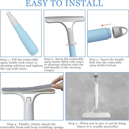 3 in 1 Window Cleaning Scraper with Spray,Glass Squeegee with Removable Hook-and-Loop Scrubbing Sponge,Mirror Cleaner Tool for Home,Car Windshield,Shower Glass,Easy Scrubbing & Streak-Free Cleaning