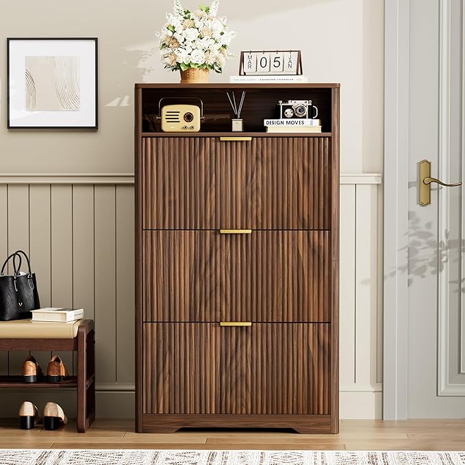 Rainbow Home Oregon Shoe Storage Cabinet, 31.6" W Narrow Fluted Design with 2 Flip Drawers, Walnut Freestanding Organizer for Entryway, Foyer, Hallway | Mid Century Modern (3 Flip Drawers)