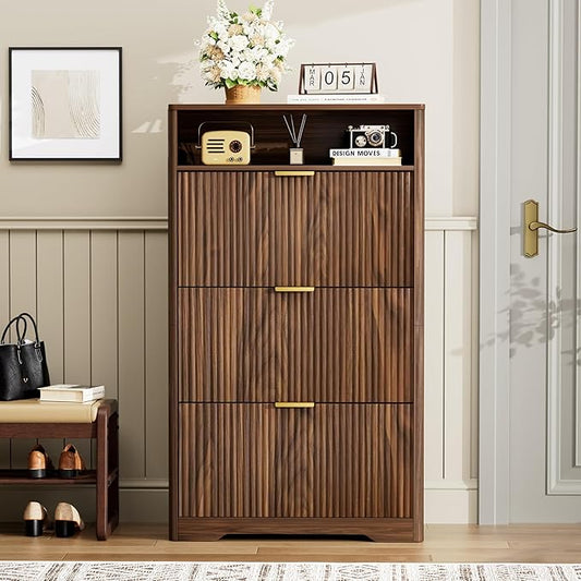Rainbow Home Oregon Shoe Storage Cabinet, 31.6" W Narrow Fluted Design with 2 Flip Drawers, Walnut Freestanding Organizer for Entryway, Foyer, Hallway | Mid Century Modern (3 Flip Drawers)