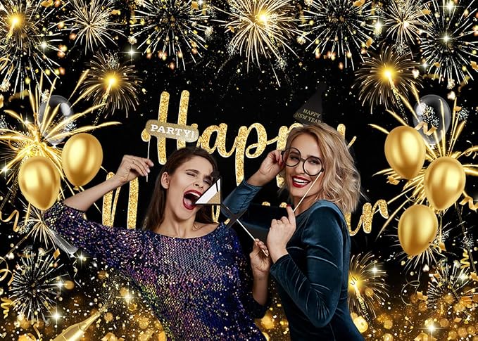 AIIKES 82.6x59 Inches Happy New Year Backdrop Gold Fireworks New Year Party Decoration XY238