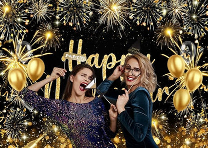 AIIKES 82.6x59 Inches Happy New Year Backdrop Gold Fireworks New Year Party Decoration XY238