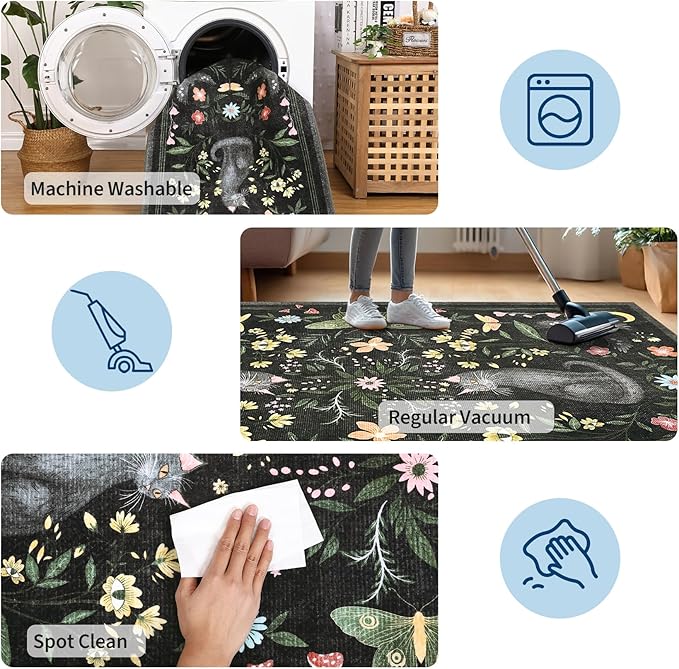 GarveeHome 3x5 Cat Washable Area Rug for Entryway, Mushroom Floral Black Bedroom Rug Non Slip Low Pile Butterfly Carpet Stain Resistant Throw Rug for Kitchen Dorm Kids Room Office Dining Room