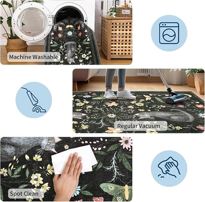 GarveeHome 3x5 Cat Washable Area Rug for Entryway, Mushroom Floral Black Bedroom Rug Non Slip Low Pile Butterfly Carpet Stain Resistant Throw Rug for Kitchen Dorm Kids Room Office Dining Room