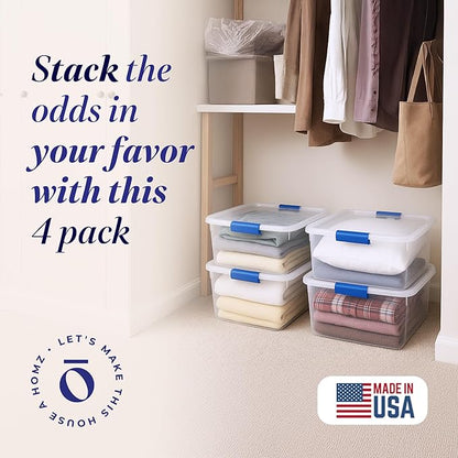 HOMZ 4-Pack Latching Lid, Small Clear Plastic Storage Bins w/ Lids, 15.5 Quart, Blue Latch - Stackable Container Boxes for Home, Bathroom, and Office Organization