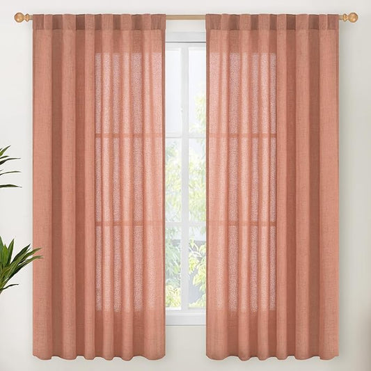 YoungsTex Rust Terracotta Linen Curtains 63 Inch Length, Burnt Orange Drapes Light Filtering with Rod Pocket Back Tab Semi Sheer Privacy for Bedroom Living Room Window, 2 Panels, 52 X 63 Inch