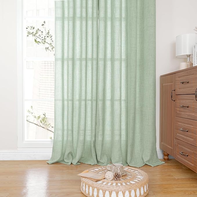 YoungsTex Sage Green Linen Curtains 68 Inch Length for Living Room, Light Filtering Semi Sheer Window Drapes with Bronze Grommet Privacy for Bedroom Farmhouse Decorative, 52 x 68 Inch, 2 Panels