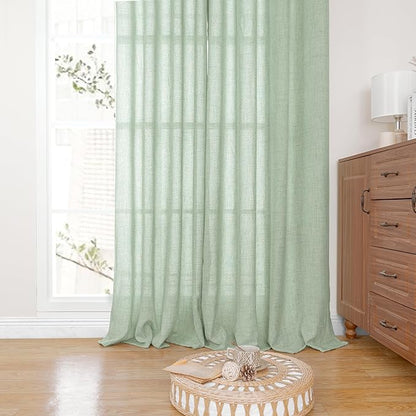 YoungsTex Sage Green Linen Curtains 80 Inches Long for Living Room, Bronze Grommet Textured Semi Sheer Drapes Privacy Light Filtering Window Treatments for Bedroom Dining, 52 x 80 Inch, 2 Panels
