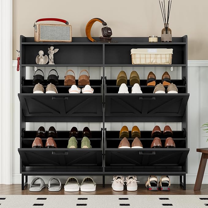 Shoe Cabinet with 4 Flip Drawers Narrow Shoe Storage Cabinet Organizer Wooden Freestanding Shoe Rack Hidden Slim Shoes Storage Cabinet for Entryway, Hallway, Living Room, Bedroom