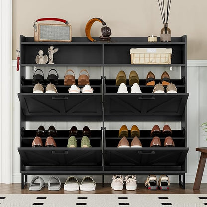 Shoe Cabinet with 4 Flip Drawers Narrow Shoe Storage Cabinet Organizer Wooden Freestanding Shoe Rack Hidden Slim Shoes Storage Cabinet for Entryway, Hallway, Living Room, Bedroom
