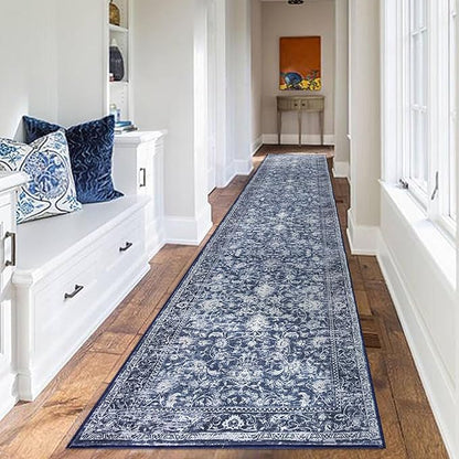 KILOCOCO Runner for Hallway 2.6x14 Runner Rug Printed Vintage Floral Washable Rug Kitchen Runners Soft Non-Slip Low Pile Hallway Runners Laundry Room Distressed Boho Rugs, Blue