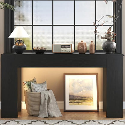 63-Inch Long Console Table with LED Light, Farmhouse Sofa Table Behind Couch, Wooden Console Table for Entryway Hallway Entrance Living Room, Black