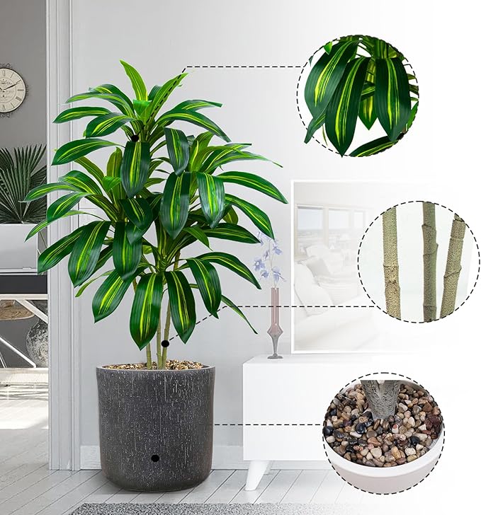 Artificial Dracaena Tree Artificial Silk Tree Faux Tree with White Tall Planter Fake Tropical Yucca Floor Plant (1, White Planter, 4 FT)