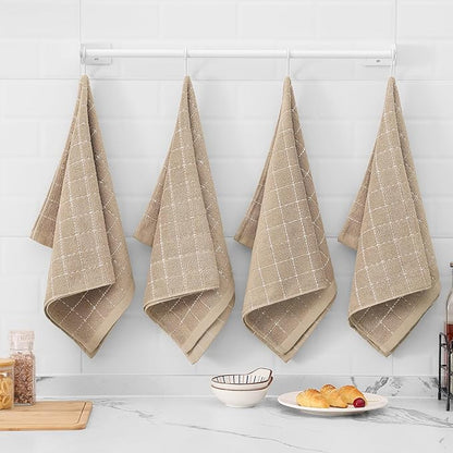 Mordimy 100% Cotton Terry Cloth Kitchen Towels, Super Soft and Absorbent Dish Towels for Drying, Checkered Designed Hand Towels for Kitchen, 16 x 26 Inches, 8 Pack, Tan