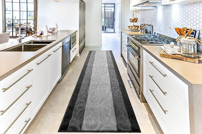 Custom Size Hallway Runner Rug, Slip Resistant, 26 Inch Wide x Your Choice of Length Size, Scroll Anthracite, 26 Inch X 16 Feet, Sold and Priced Per Foot