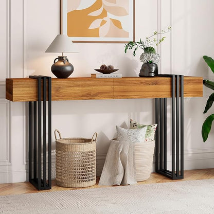 63 Inch Long Console Table, Industrial Sofa Table Behind The Couch Rectangular Entryway Table for Entrance Hallway Living Room, Rustic Brown