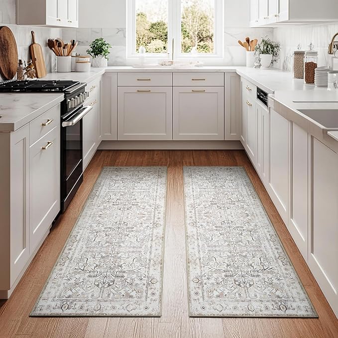 jinchan Kitchen Runner Rug 2x5-2pcs,Vintage Hallway Rug Washable Floral Non Slip with Rubber Backing Soft Carpet Runner for Bedroom Laundry Room Living Room Taupe