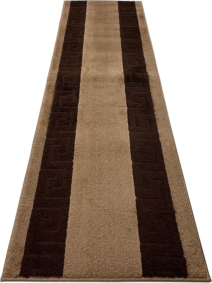 RugStylesOnline Washable Custom Size Runner Rug Meander Design Beige Brown, (5 Feet Length x 26 Inch Width) Custom Cut Slip Resistant Rubber Backing Runner Rugs, Extra Long Runner Rugs for Hallways
