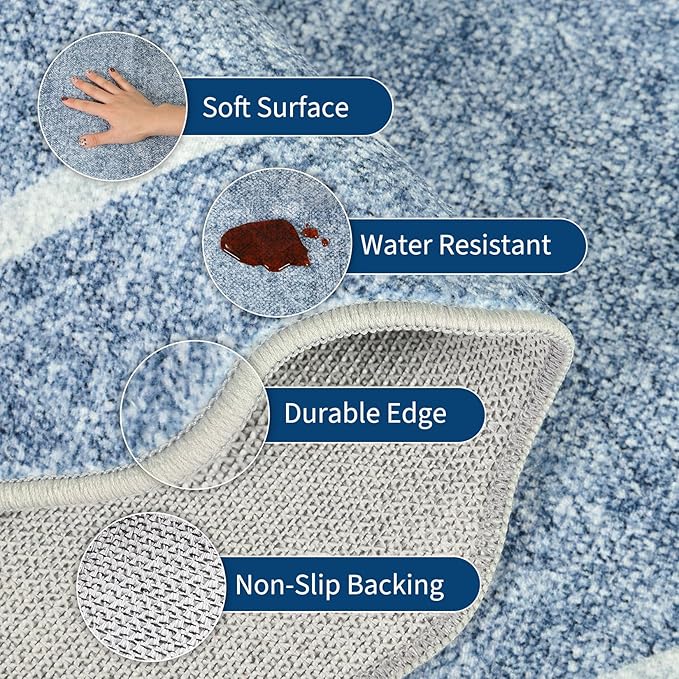 GarveeHome Scalloped Large Living Room Area Rug 6x9 - Machine Washable Modern Rugs Bordered Neutral Rug Non-Shedding Low Pile Farmhouse Carpet for Bedroom Nursery Classroom Dorm 6 ft x9 ft Blue