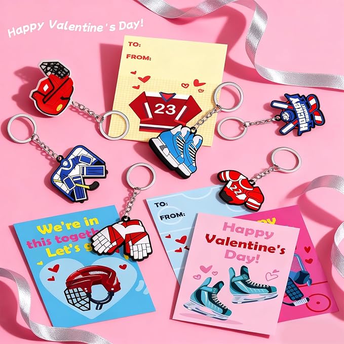 30 Pcs Valentine’s Gift Ice Hockey Keychains Bulk With Greeting Cards for Kids Sports Key Chain Party Favors School Classroom Gifts Exchange Hockey Goodie Bags Stuffers for Boys and Girls