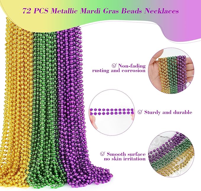 72 PCS Mardi Gras Beads Necklaces, Gold Green Purple Metallic Bead Necklaces 33” 7 mm Mardi Gras Beads Necklaces Accessories Bulk Party Beads Necklaces for Mardi Gras Party, Throw Beads Party Favors
