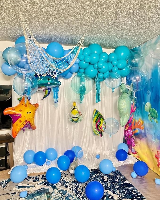 Teal Blue Clear Balloon, 60 Pcs 12 Inches Metallic Blue Cartoon Theme Balloon Garland Arch Kit for Kids Baby Shower Anniversary Engagement Birthday Wedding Graduation Party Decorations