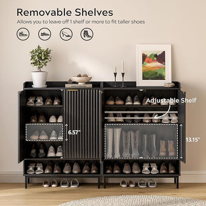 Fluted Shoe Cabinet with Doors, Large Wooden Shoe Storage Cabinet with Hanging Rod, Modern Tall Freestanding Shoe Rack Organizer for Entryway, Hallway Black