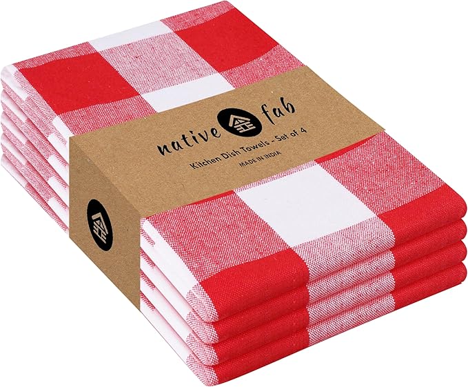 Native Fab 4-Pack Kitchen Towel with Hanging Loop 16x26 inches, Cotton Buffalo Check Kitchen Towels for Cleaning Drying, Washcloths Soft & Absorbent Cloth Rags, Bar Towel, Dish Cloth, Red