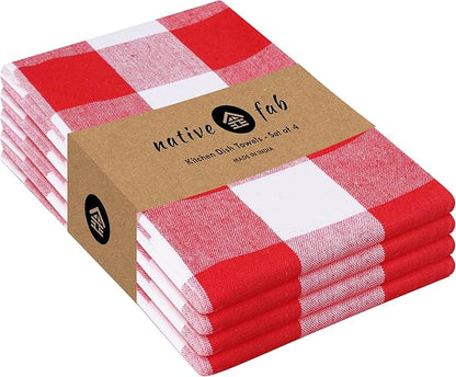 Native Fab 4-Pack Kitchen Towel with Hanging Loop 16x26 inches, Cotton Buffalo Check Kitchen Towels for Cleaning Drying, Washcloths Soft & Absorbent Cloth Rags, Bar Towel, Dish Cloth, Red