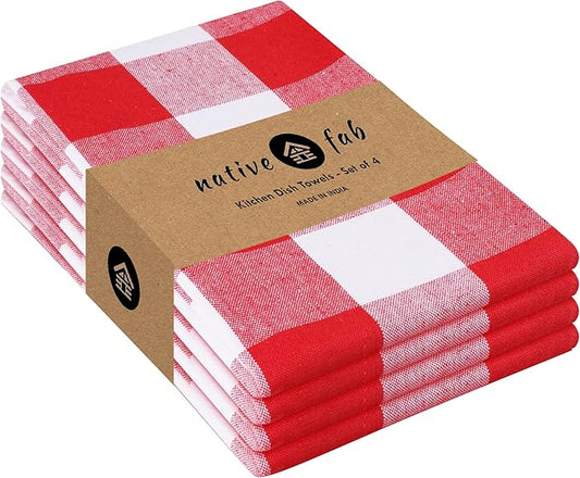 Native Fab 4-Pack Kitchen Towel with Hanging Loop 16x26 inches, Cotton Buffalo Check Kitchen Towels for Cleaning Drying, Washcloths Soft & Absorbent Cloth Rags, Bar Towel, Dish Cloth, Red