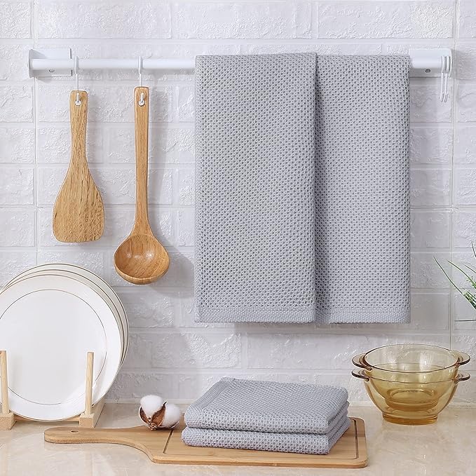 Kitinjoy 100% Cotton Waffle Weave Kitchen Dish Towels, 4-Pack Super Soft and Absorbent Kitchen Towels, 13 in x 28 in, Light Grey