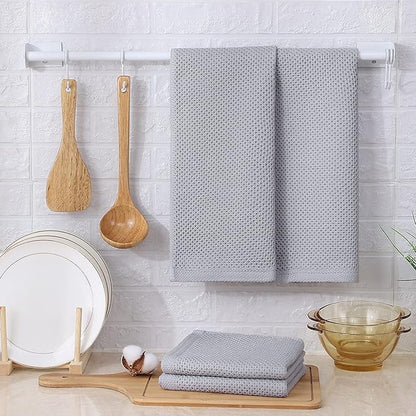 Kitinjoy 100% Cotton Waffle Weave Kitchen Dish Towels, 4-Pack Super Soft and Absorbent Kitchen Towels, 13 in x 28 in, Light Grey