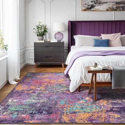 Washable Area Rugs 5'x7' Non-Slip Modern Abstract Soft for Living Room Entryway Bedroom Nursery, Print Pattern, Purple Orange Blue Green Rust Red Colorful
