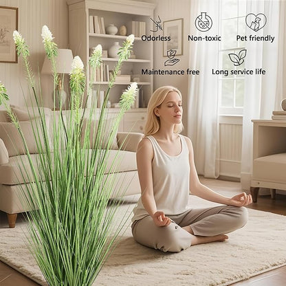 4ft 2-Pack Horsetail Reed Grass with White Cockscomb Flower, 48in Tall Indoor Outdoor Green Onions Fake Plants in Pot, Home Office Decorative Artificial Plant & Greenery, Wedding Décor