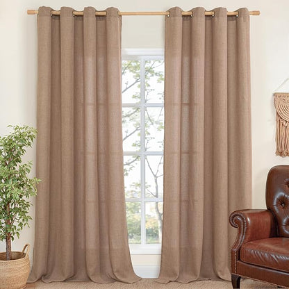 YoungsTex Extra Long Linen Curtains 102 Inch Length for Living Room, Light Filtering Drapes Semi Sheer with Bronze Grommet for Bedroom Farmhouse Country, Mocha, 2 Panels, 52 X 102 Inch