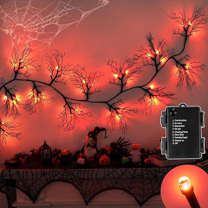 6 FT Halloween Black Garland Willow Vine Twig Decor with Orange Light, 8 Modes & Timer Battery Operated Waterproof Halloween Decorations Indoor for Mantle Fireplace Home Party Decor