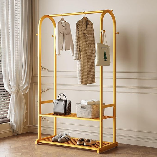 Gold Clothing Rack,Heavy duty clothes rack with 2-tier Bottom Shelves, Garment Rack with 6 Side Hooks for Hanging Clothes, Coats, Shirts (gold, 31.5in)