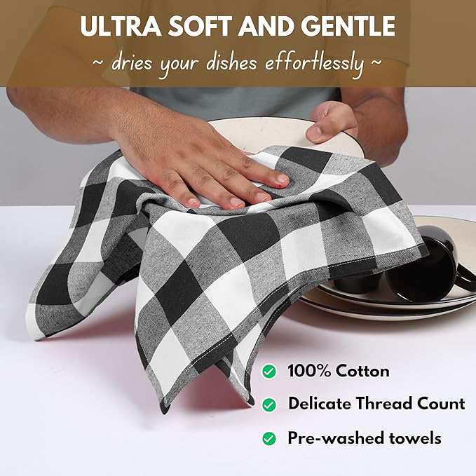 Native Fab 4-Pack Kitchen Towel with Hanging Loop 16x26 inches, Cotton Buffalo Check Kitchen Towels for Cleaning Drying, Washcloths Soft & Absorbent Cloth Rags, Bar Towel, Dish Cloth, Black