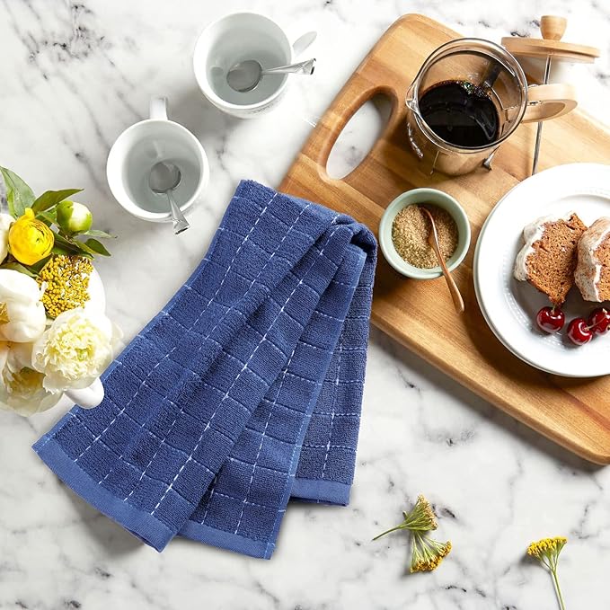 Mordimy 100% Cotton Terry Cloth Kitchen Towels, Super Soft and Absorbent Dish Towels for Drying, Checkered Designed Hand Towels for Kitchen, 16 x 26 Inches, 4 Pack, Navy