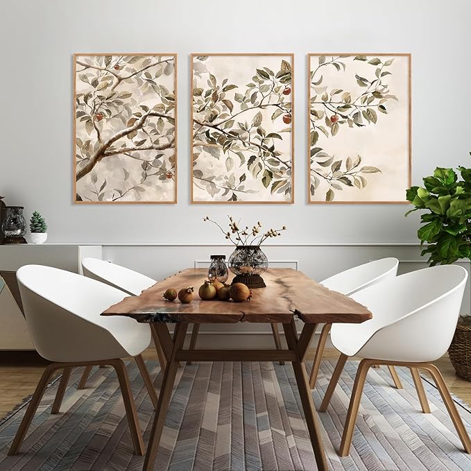 HLNIUC Apple Tree Vintage Framed Wall Art Set, Botanical Branch Canvas Wall Decor, Rustic Farmhouse Leaves Wall Painting, Retro Nature Plant Art Print for Living Room, Bedroom, Office - 16"x24"x3